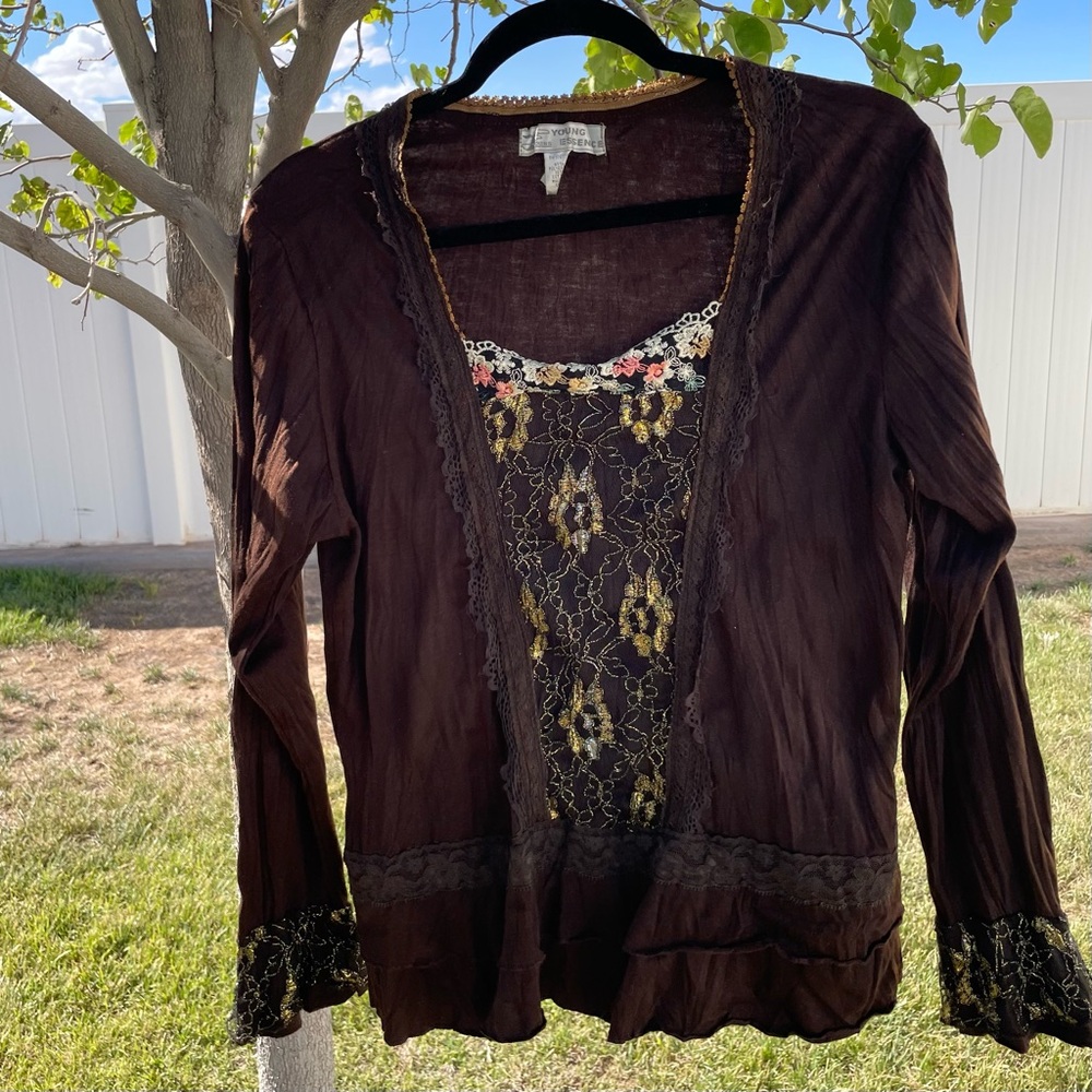 Young Essence | 90s Y2k Brown Lace Fairy Blouse - Picture 3 of 6